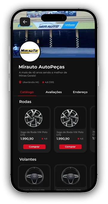 Aplicativo ModCar em um smartphone mostrando peças